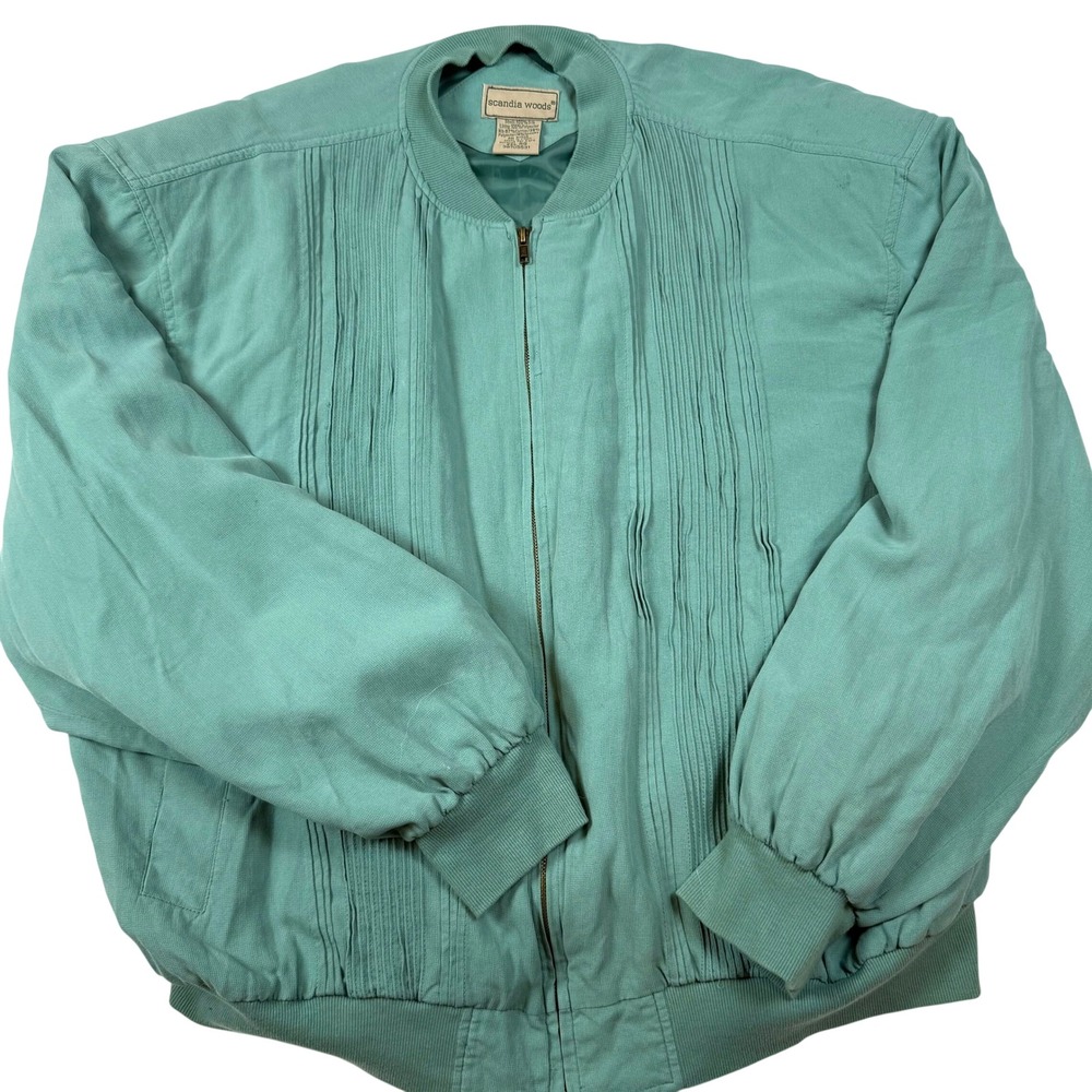 Scandia Woods Vintage 100% Silk Bomber Jacket 2XL RG Teal Pleated Full Zipper